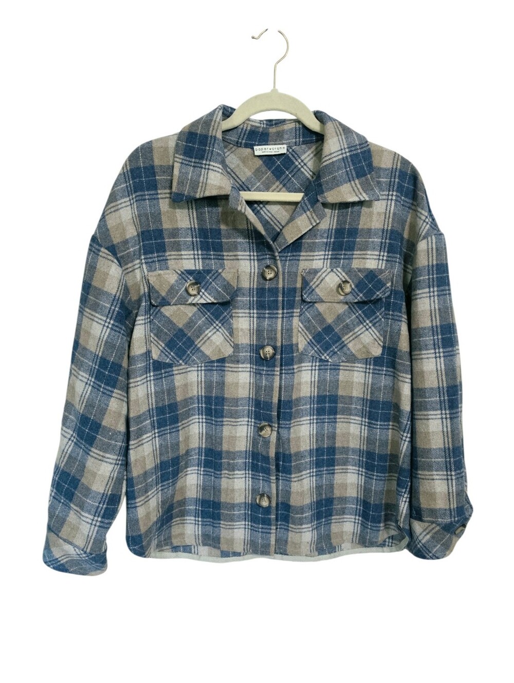Paper Crane Blue Tan Plaid Shacket Top M Button Up Granola Grunge Outdoors